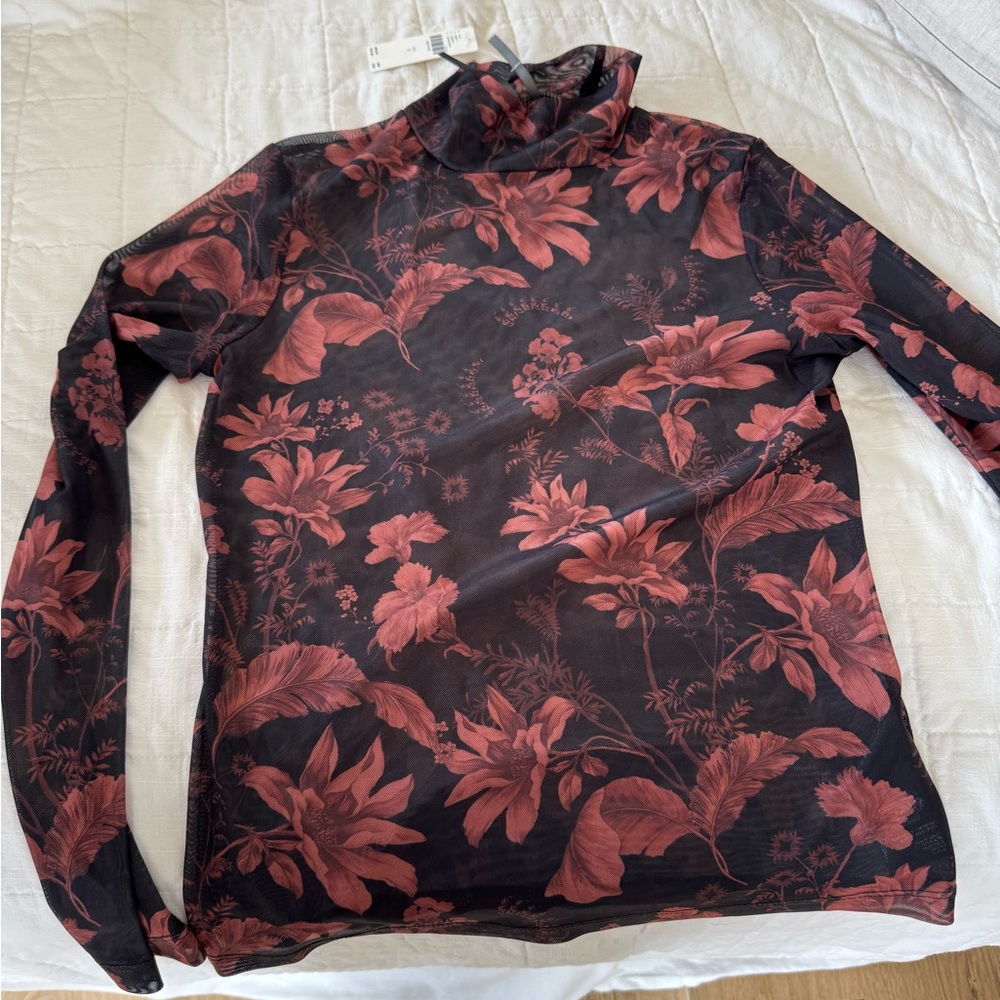 Anthropologie Black and Red Floral Long Sleeve Top